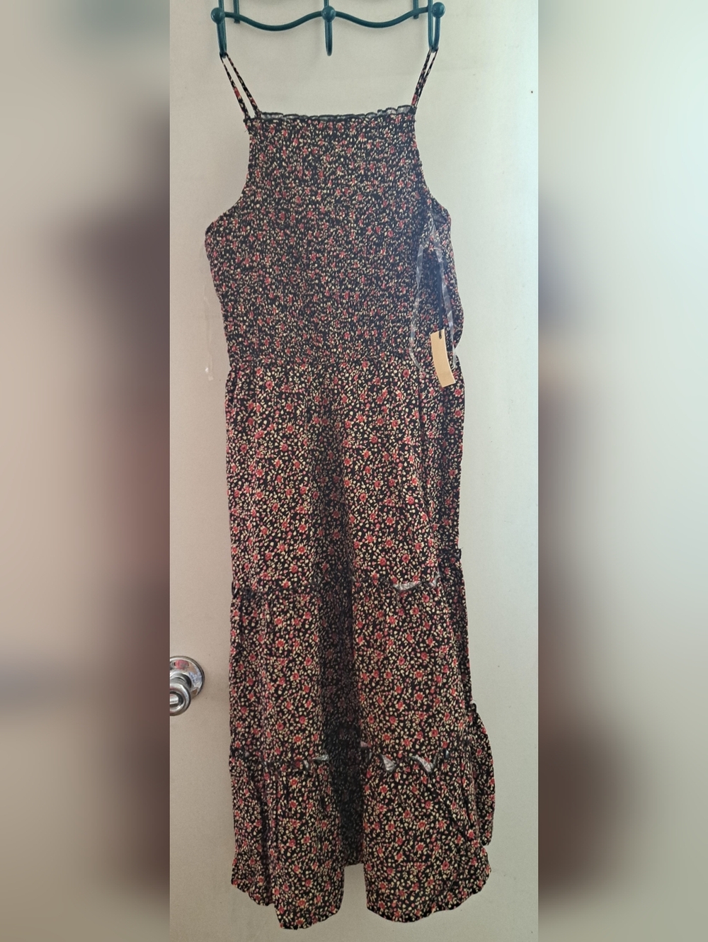 Black Floral Smocked Maxi Dress with Pink and Cream Flowers